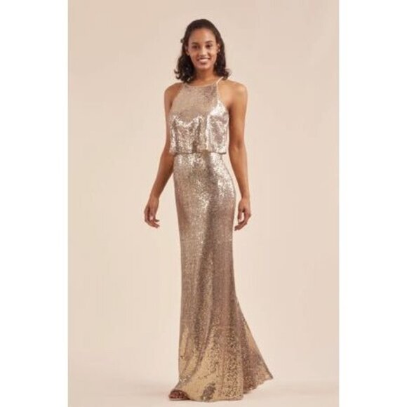 NWT Jasmine Gold Sequin Formal Spaghetti Strap 14 Gown - Picture 1 of 9